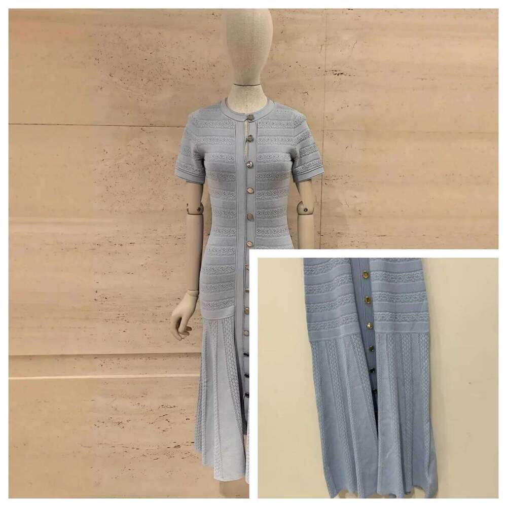 Asian Size Fashionable Blue Evening Hollow Crochet Single Breasted Knitted Pleated Elegant Long Dress 26 Summer New Style Mdng260330