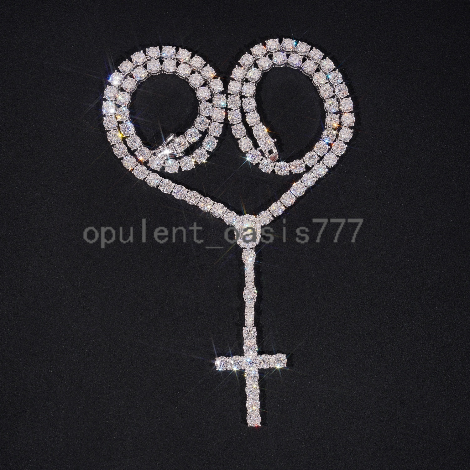 New Arrival Hot Sell Iced Out 5MM Width 925 Sterling Silver VVS Moissanite Rosary Cross Tennis Chain Necklace