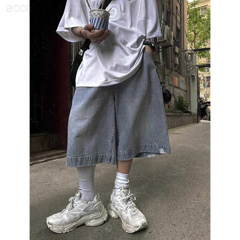 2025 Summer Mens Blue Vintage Y2K 2000s Wide Leg Baggy Casual Denim Shorts Harajuku Aesthetic High Waist Loose Fashion Shorts H260330