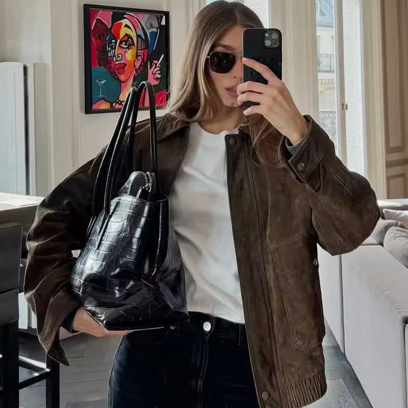 HXAO Womens Bomber Jacket Autumn 2025 Suede Crop Outerwears Khaki Darkkhaki Coats New In Coats Jackets Chic Long Sleeve TopsT260328
