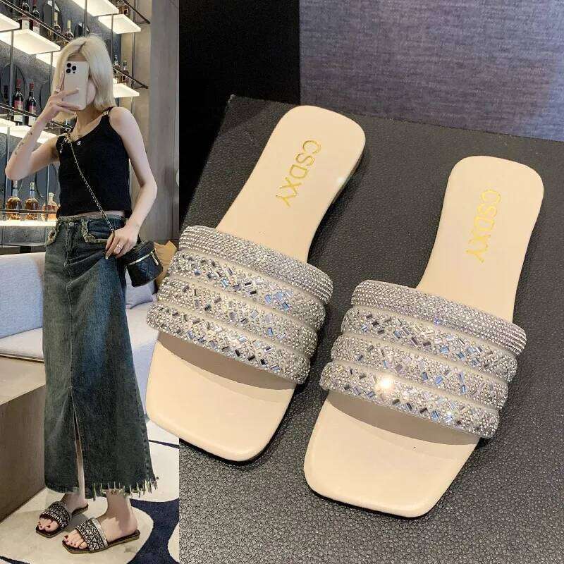 Women Bling Rhinestone Decor Slide Sandals Summer Fashion Casual Outdoor Office Party Elegant Sexy 2026 New Light Flats Beige