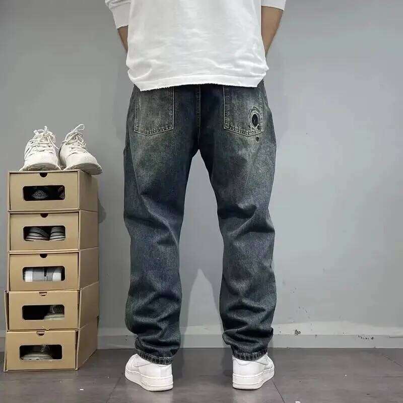 Four Seasons New Fashion Men's American High Street Hole Patched Loose Wide Leg Jeans Pants Vintage Washed Denim Trousers Male 26Y0330