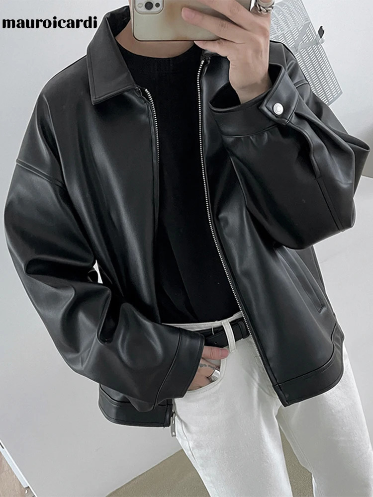 Mauroicardi Spring Autumn Cool Short Black Soft Light Pu Leather Jacket Men Zipper Casual Mens Jackets and Coats Fashion 260327