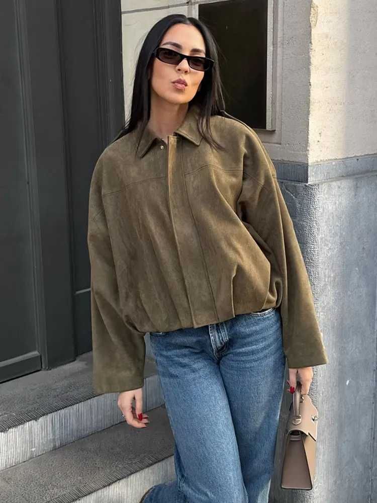 HH Women Brown Green Suede Jacket Loose Casual Bomber Coat Lapel Zipper Long Sleeve Jackets Vintage Lady Motorcycle OutwearsT260328
