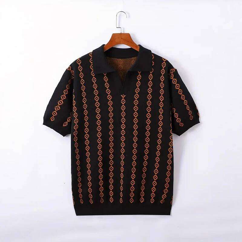 New British Fashion Men Polo Shirt Light Luxury Jacquard Seagull Collar T-Shirts Leisure Breathable Knitted Short Sleeve T-Shirt
