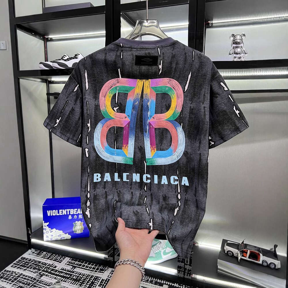 European high-end fashion printed ripped short-sleeve t-shirt for men, trendy brand, loose fit, luxury summer new men's half-sleeve shirt