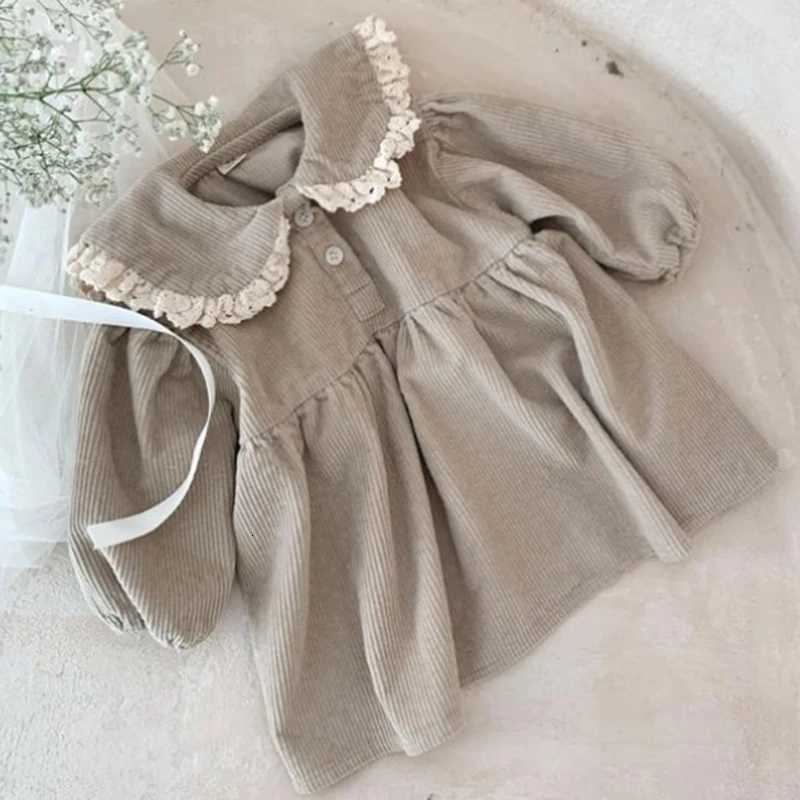 Baby Girl Corduroy Princess Dress Solid Lace Long Sleeve Dress Spring Autumn Children Retro Casual Loose Dresses Kids OutfitsT260330
