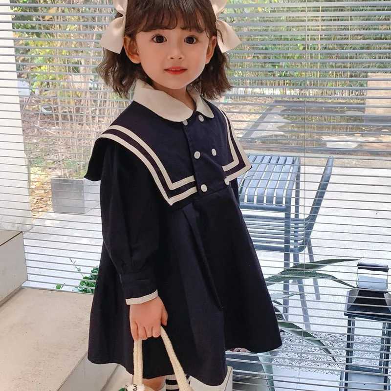 Spring Summer Girls Dress British Style Navy Collar Little Cute Long-Sleeved Student School Dress Baby Kids ChildrenS ClothingT260330