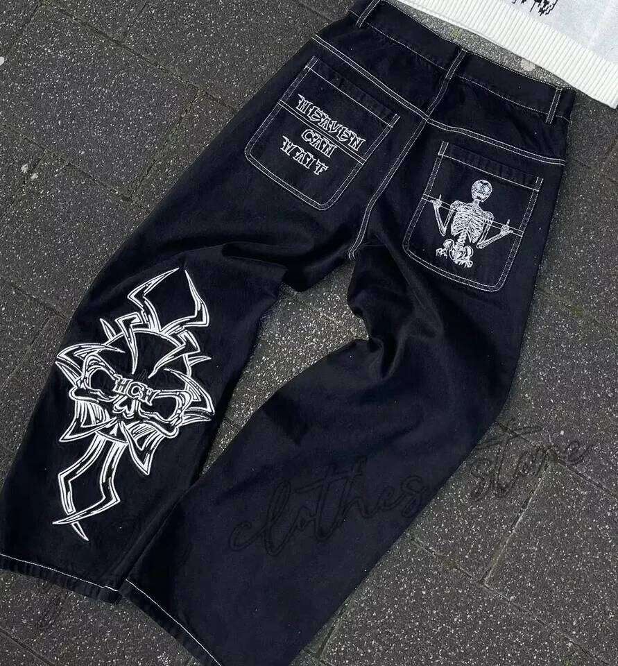 Vintage Y2K Clothes Men Women Gothic Hip Hop Pocket Embroidery Retro Blue Baggy Jeans High Waist Slim Fit Flare Trousers 26Y0330