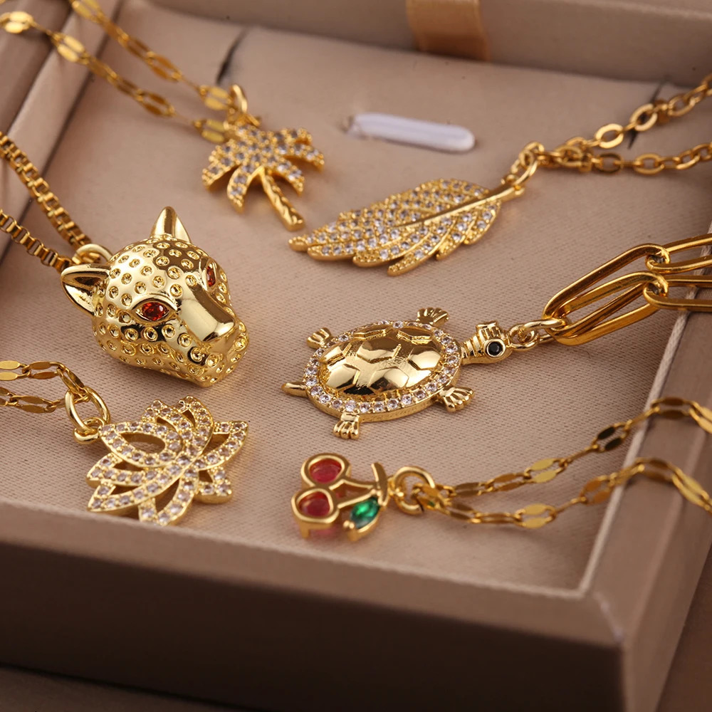 Cute Sun Heart Necklace for Women Tree Flower Pendant Long Stainless Steel Chain Collars Gold Color Choker Office Lady Party 260327