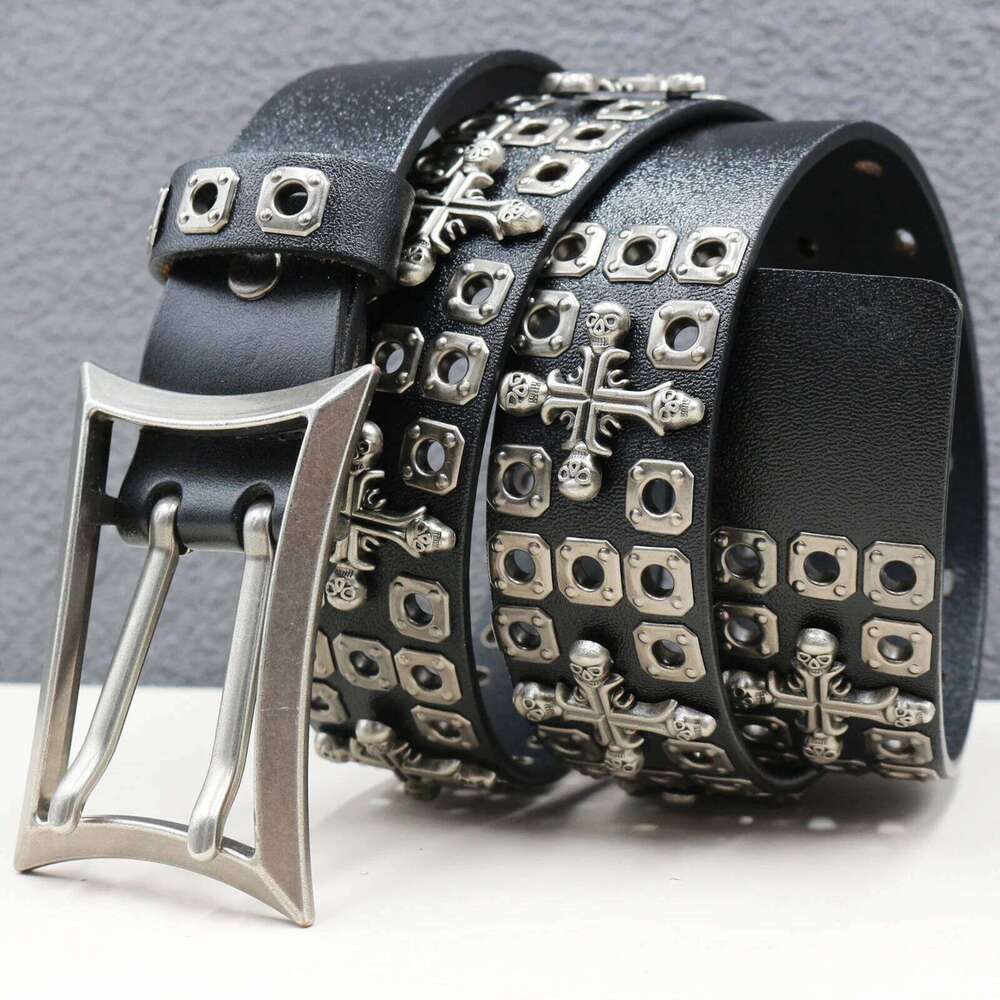 Heavy Duty Goth Street Men Rivet Real Pin Male Black Rock Genuine Leather Cowhide Punk Belt Jeans Chunjinqiuli