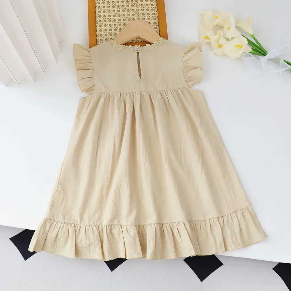 Summer Clothing Khaki Embroidered Ruffle Edge Dress Sleeveless Lace Round Neck Pocket Dress Vacation Style Girls DressT260330