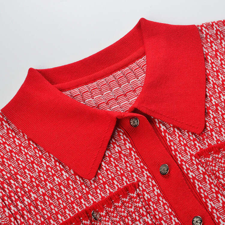 2026 k30 Spring/Summer New Designer Elegant Checkered Short FC Sleeve Flip Collar Single breasted Slim Knitted Cardigan