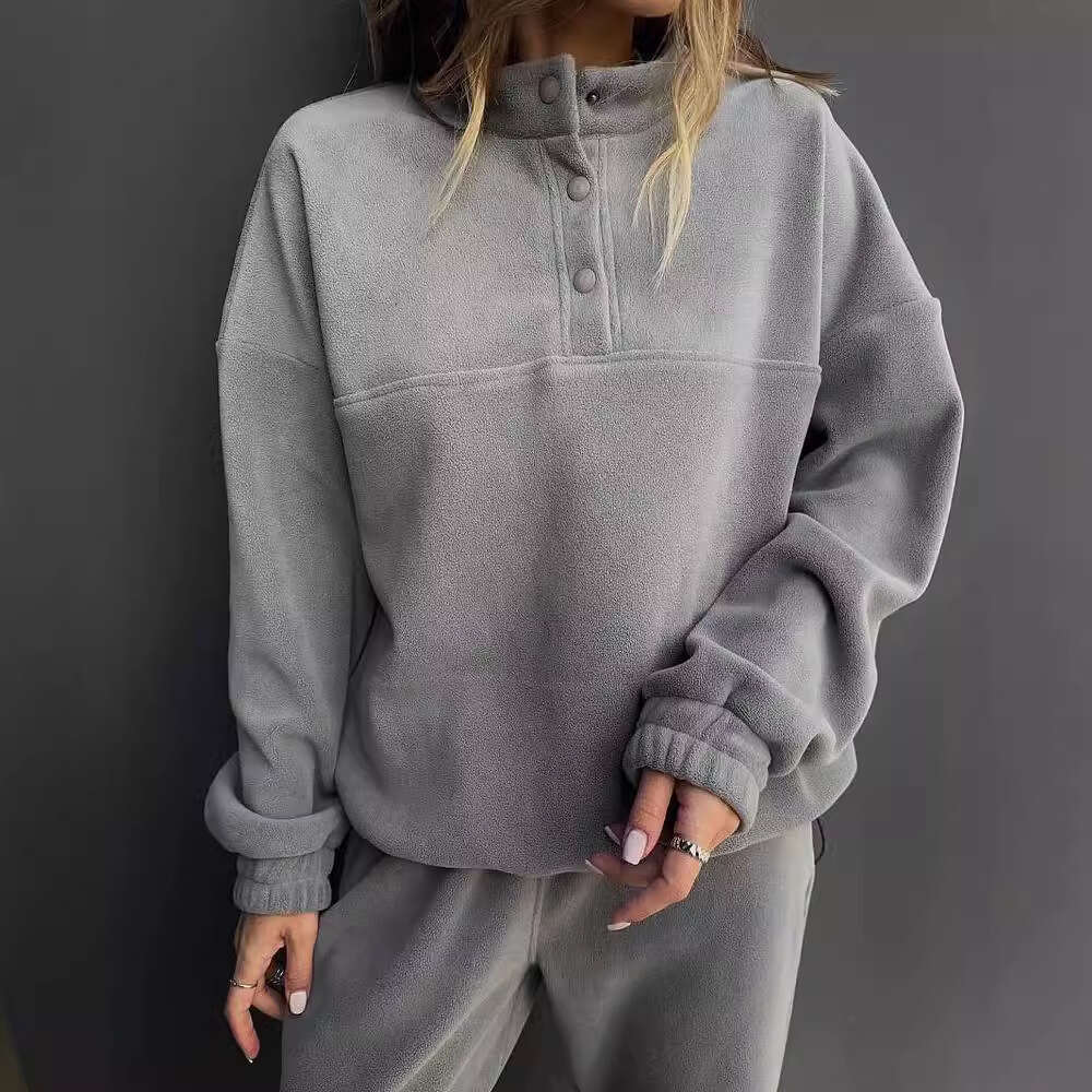 2026 European American cross-border new casual sweatshirt for women, solid color fleece top and long pants two-piece set