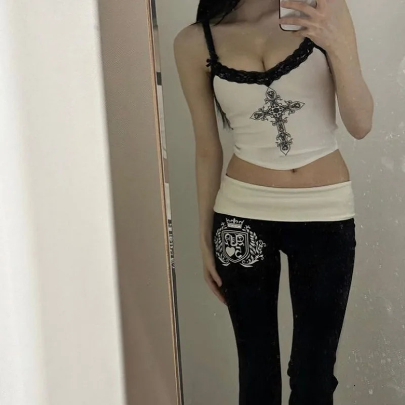 Women Summer sexy Y2K girl slim fit tank top European and American street style printed lace top for women 260327