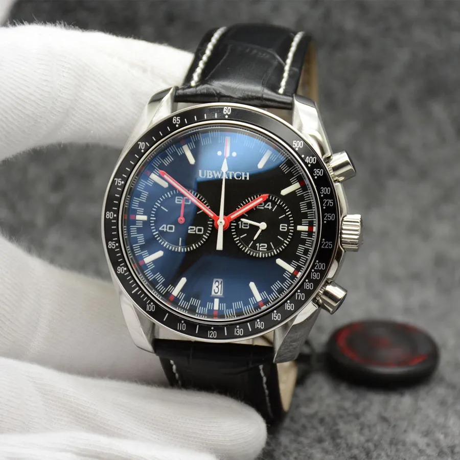 High Grade Quartz Chronograph Mens Watches Red Hands Stainless Steel Bracelet Fixed Bezel With A Top Ring Showing Tachymeter Markings