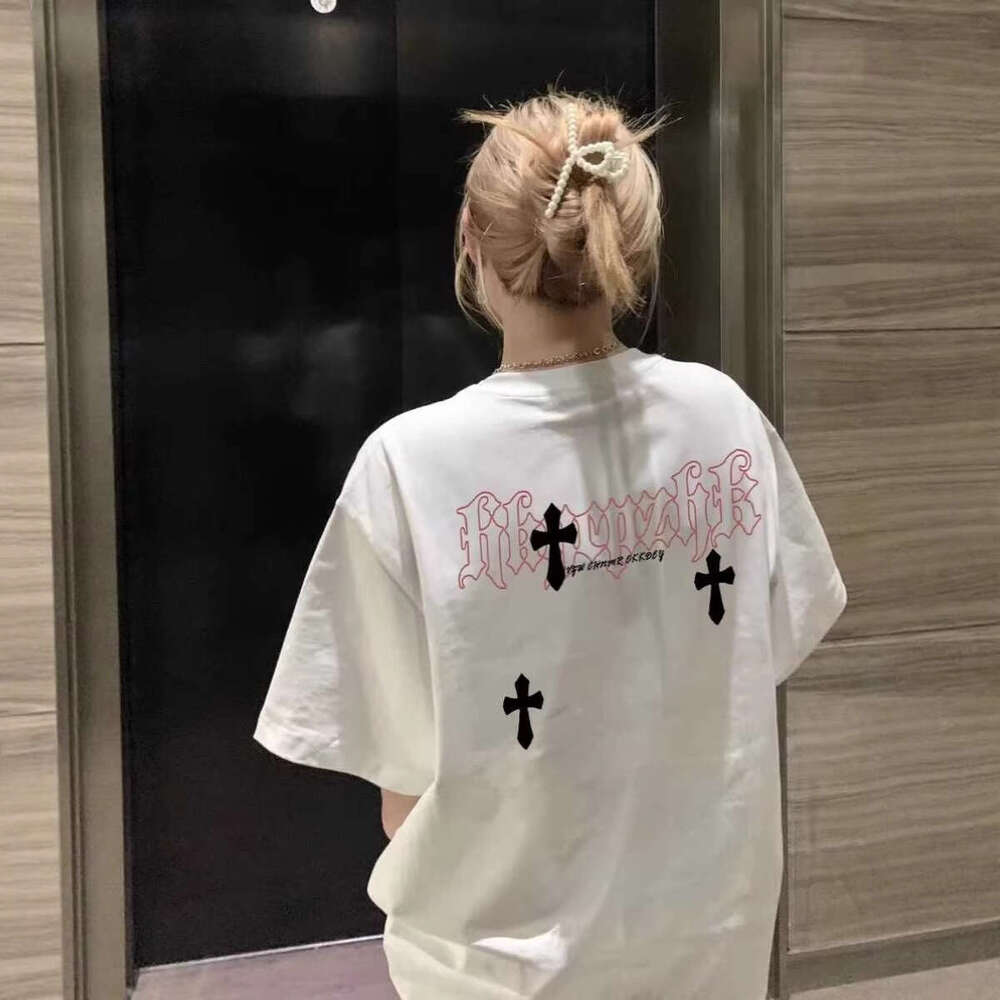 American Retro Cross Print Oversized Short-Sleeve T-Shirt For Men And Women Plus-Size Summer Loose Trendy High Street Couple's Top