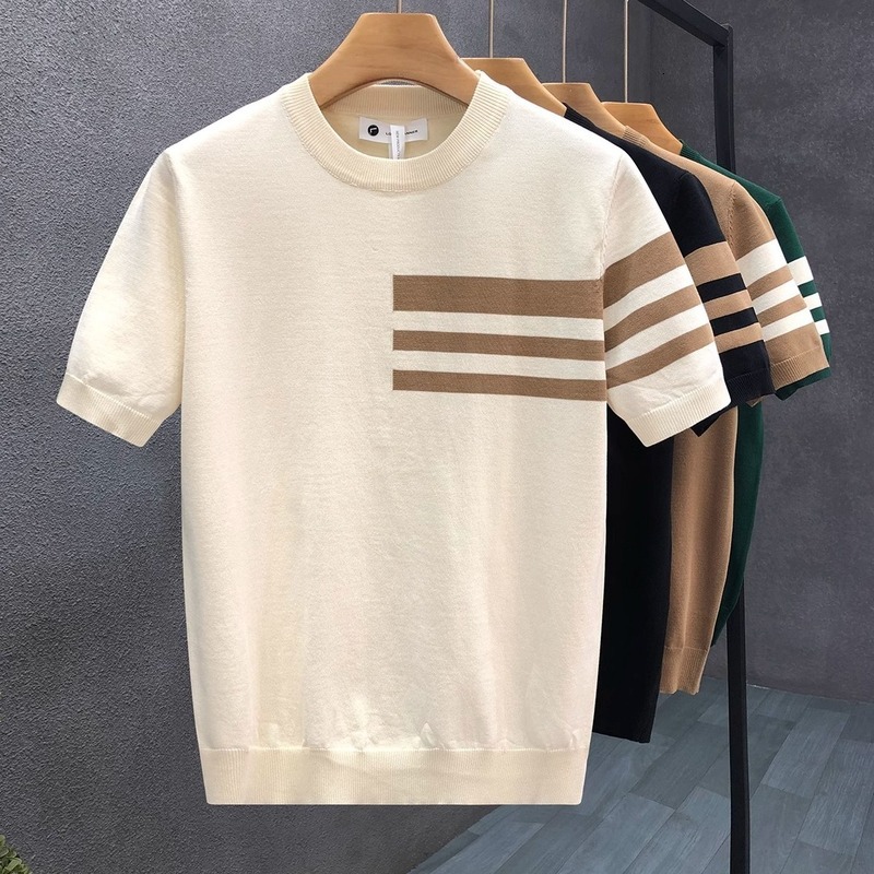 Mens Designer T Shirt Tops Ice Silk Knitted Short Sleeves T Shirt Striped Slim Fit Men Clothings Street Clothes High quality Fashion Tees Business Cas