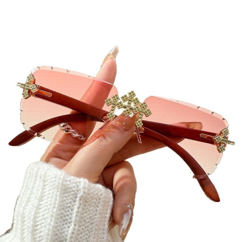 Fashion Metal Starry Sky Designer Sunglasses Luxury Brand Women's Accessories New Cross Diamond Inlaid Frameless Wood Grain Outdoor Cycling Glass