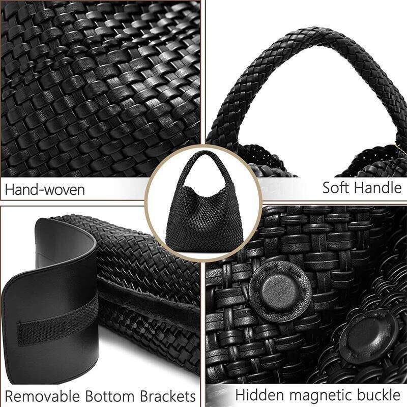 For Women Large Woven Leather Handbags Shoulder Bag Braided Weave Beach Tote Purse