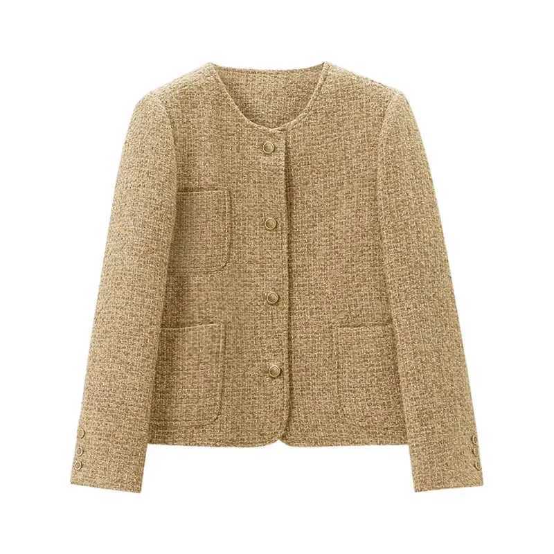Elegant Cropped Tweed Wool Womens Jacket O-Neck Short Coat Solid Korean Style Golden French Look 2025 Autumn Fashion for WomenT260328