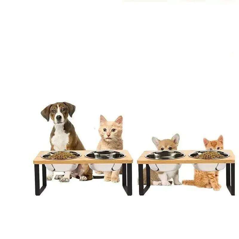 Elevated 15 Tilted Raised Cat Food with Wooden Stand Anti Vomiting 2Stainless Steel Bowls for Cats and Puppy 26W0330