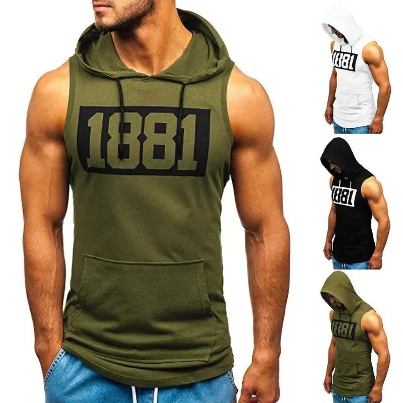Mens Hooded Tank Tops Gym Workout Training Hoodies Sleeveless Bodybuildng Muscle Cut Off TShirt with Pocket 260312