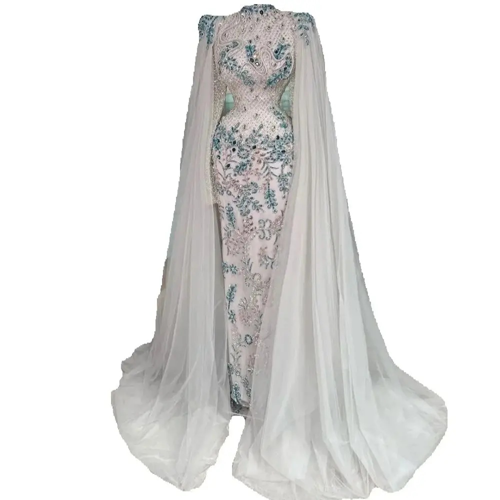 Fashion High Neck Sequins Prom Dresses Elegant Beaded Crystal Lace Evening Dress Floor Length Party Gown Customized