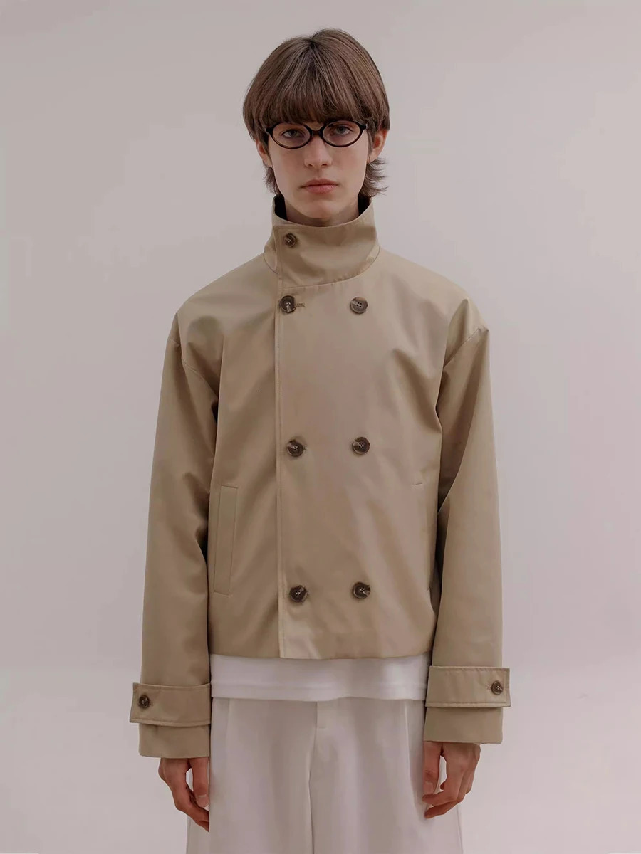 Mauroicardi Spring Autumn Khaki Short Trench Coats Man Stand Collar Double Breasted Elegant Chic Clothes 260327