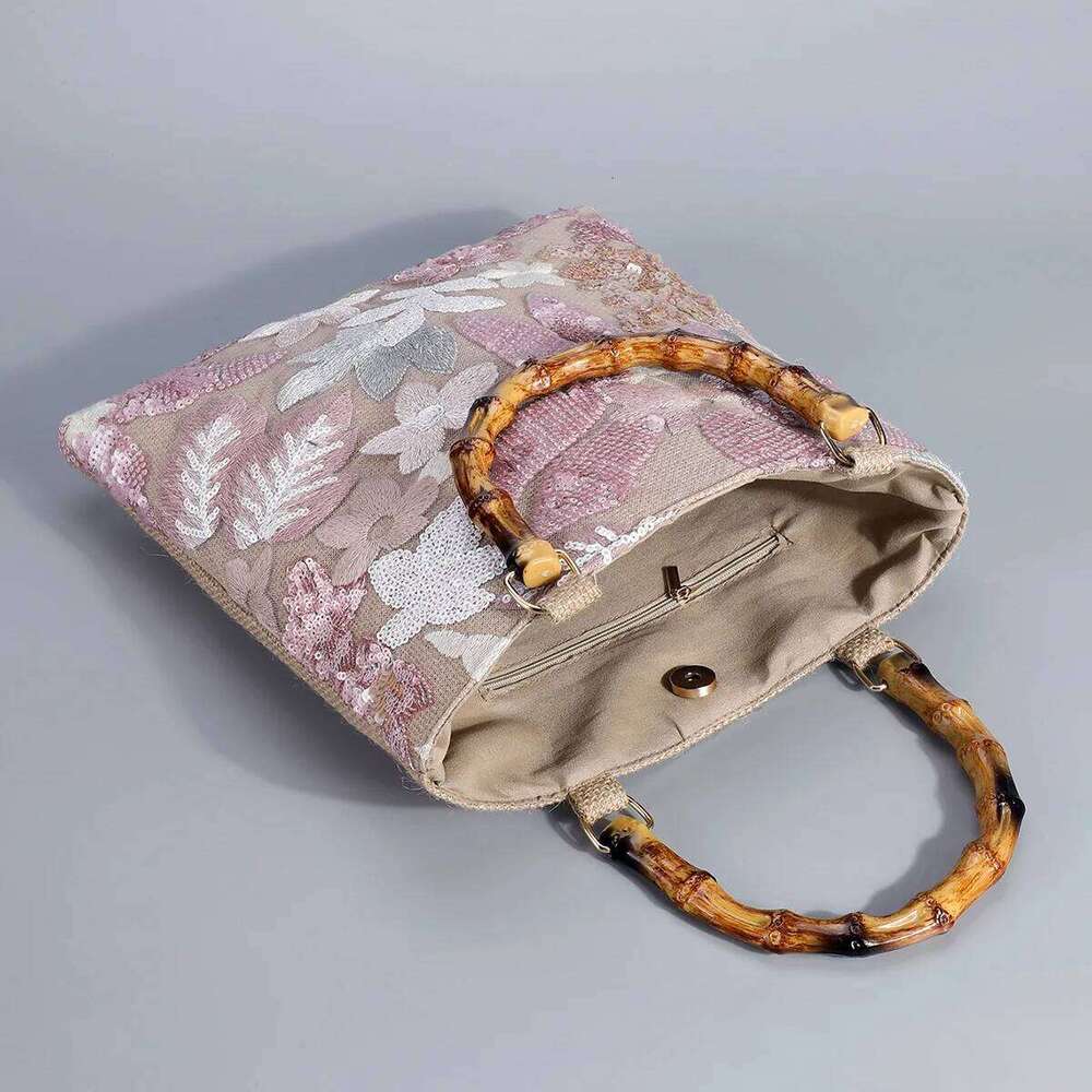 Chinese Embroidery Bamboo Handle Embroidery Shopping Bag Retro Ladies Lace Weaving Tote Colorful Sequins Cotton Linen Woven Handbag With Inner Bags Cl
