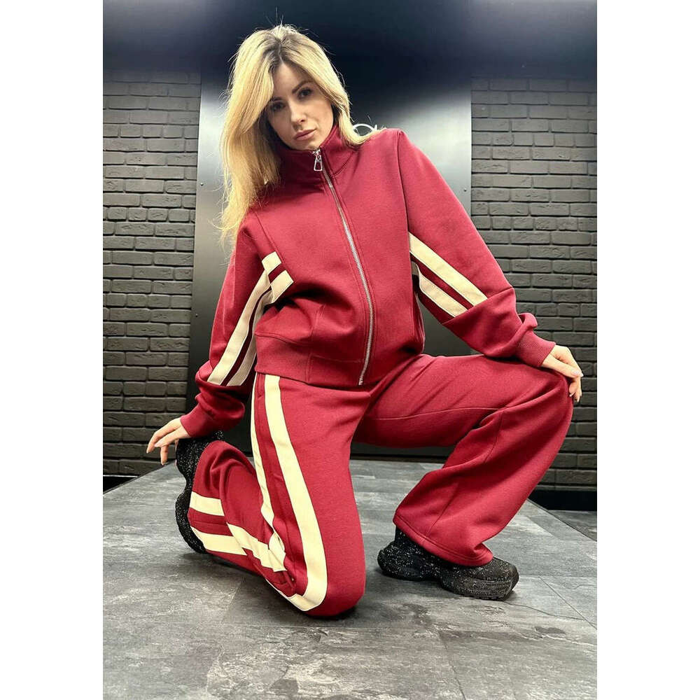 Freeacy Women's New Casual Suit Neck Zippered Loose Fit Jacket Outwear And High Waist Side-Striped Pants Sports Set