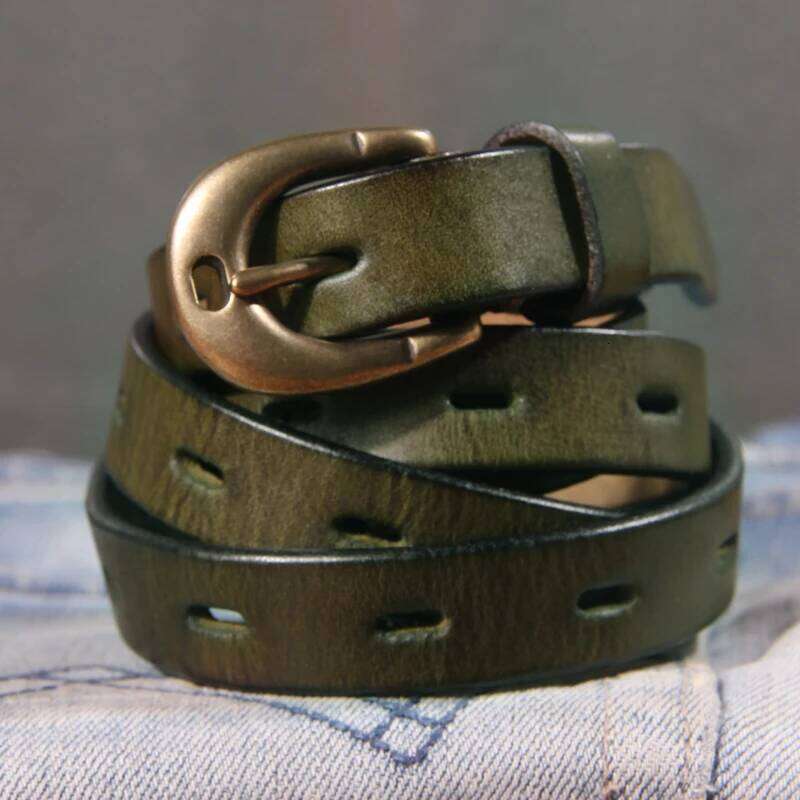 Retro Genuine Leather Women's Pure Copper Button Western Cowboy Style Brands Jeans Fashion Women Belt Chunjinqiuli