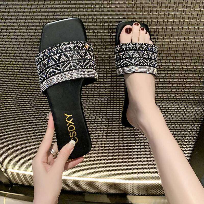 Women Bling Rhinestone Decor Slide Sandals Summer Fashion Casual Outdoor Office Party Elegant Sexy 2026 New Light Flats Beige