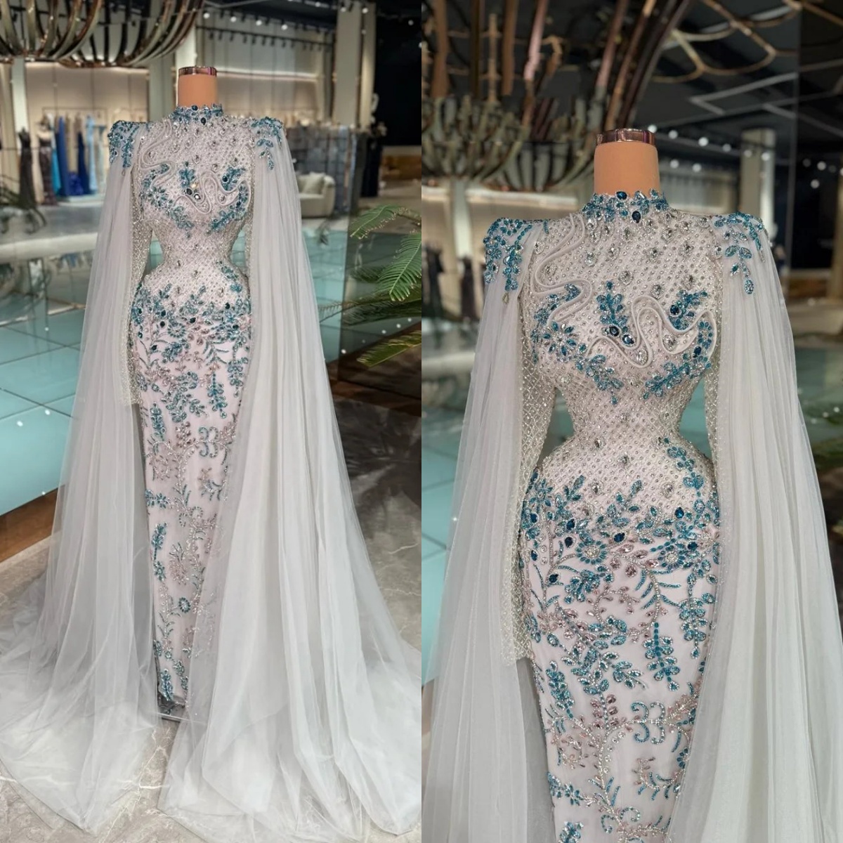 Fashion High Neck Sequins Prom Dresses Elegant Beaded Crystal Lace Evening Dress Floor Length Party Gown Customized