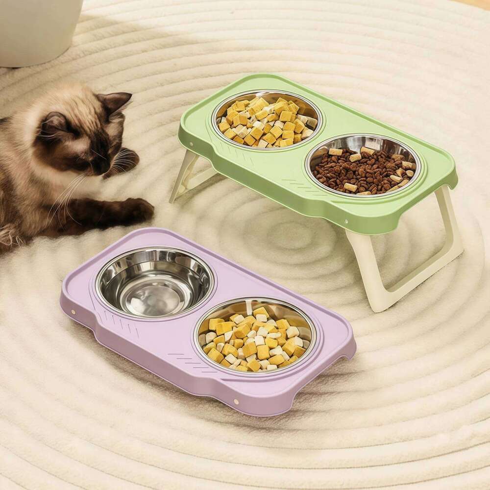 Foldable Cat Double Pet Stainless Steel Puppy Dog Feeder Water Food Bowl With Stand Feeding Dish Drinker Pets Supplies