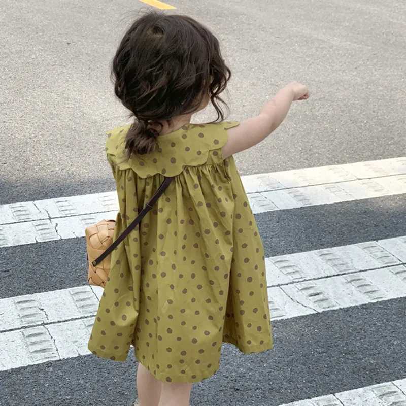Childrens Sleeveless Dress 2023 Summer New Girls Dot Print Polo Collar Dress Korean Cotton Single Breasted Tank Top DressT260330