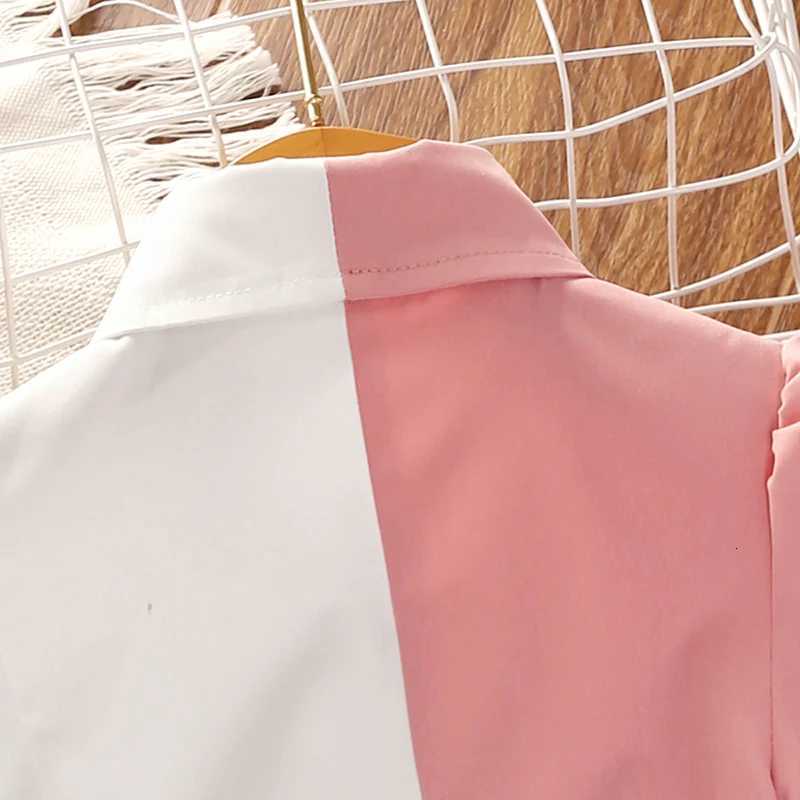 Kids Dress For Girls 4-7 Years Girls Patchwork Shirt Puff Sleeves Dress With Belt Stylish Temperament Baby Girl DressT260330