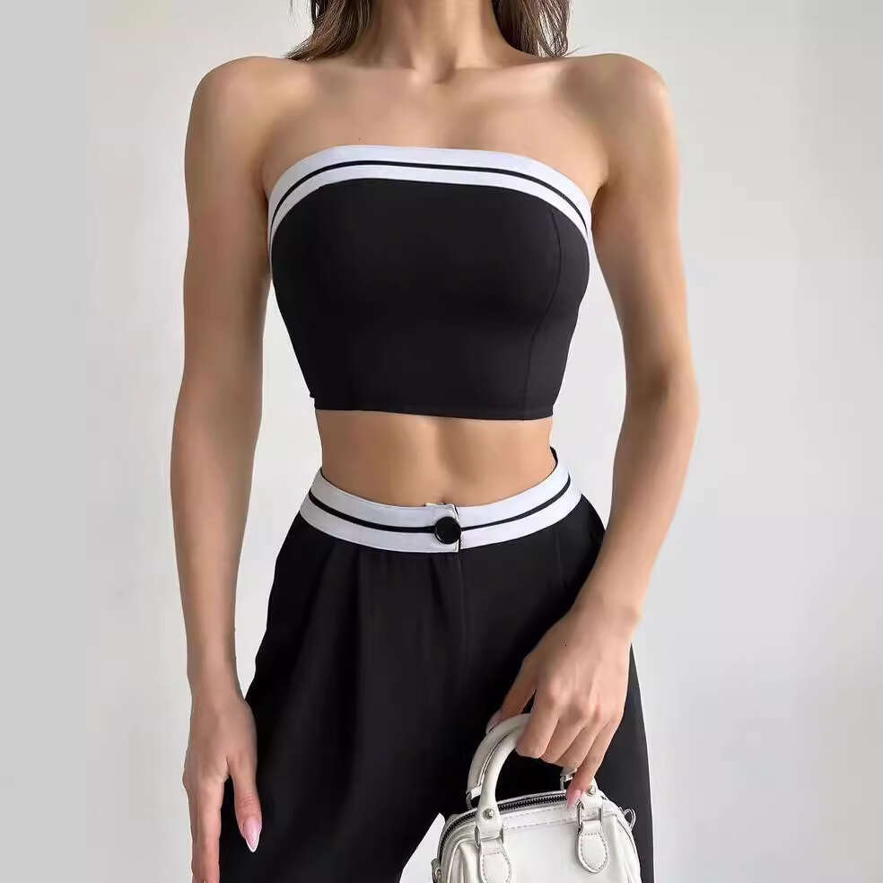 European and American Foreign Trade Women's Fashion New Hot Girl Outerwear Sports Vest Tube Top Color-Block High-Waisted Wide-Leg Pants Casual Se