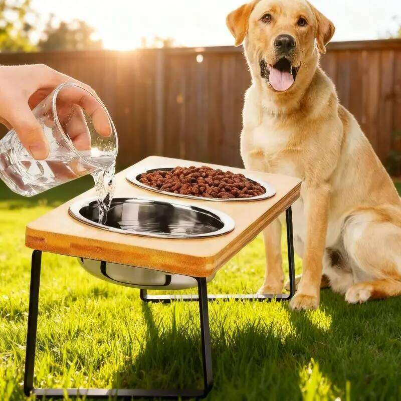 Elevated 15 Tilted Raised Cat Food with Wooden Stand Anti Vomiting 2Stainless Steel Bowls for Cats and Puppy 26W0330