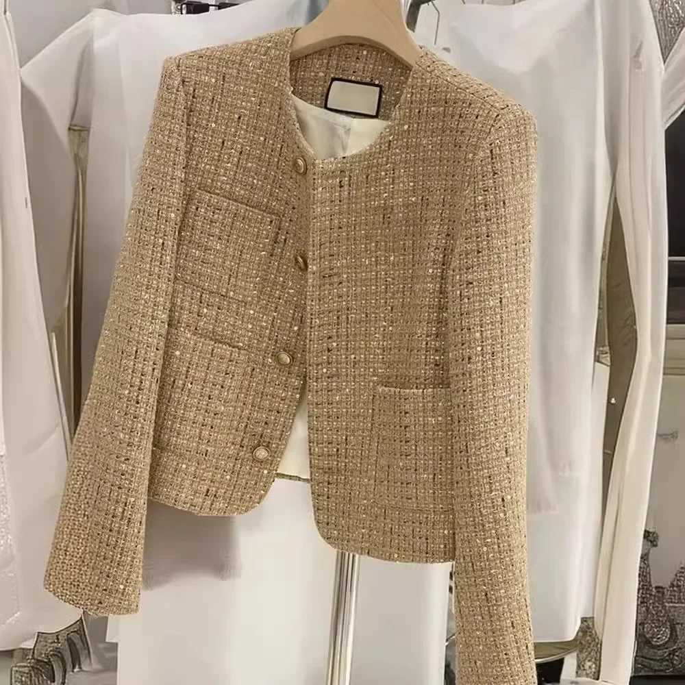 Elegant Cropped Tweed Wool Womens Jacket O-Neck Short Coat Solid Korean Style Golden French Look 2025 Autumn Fashion for WomenT260328