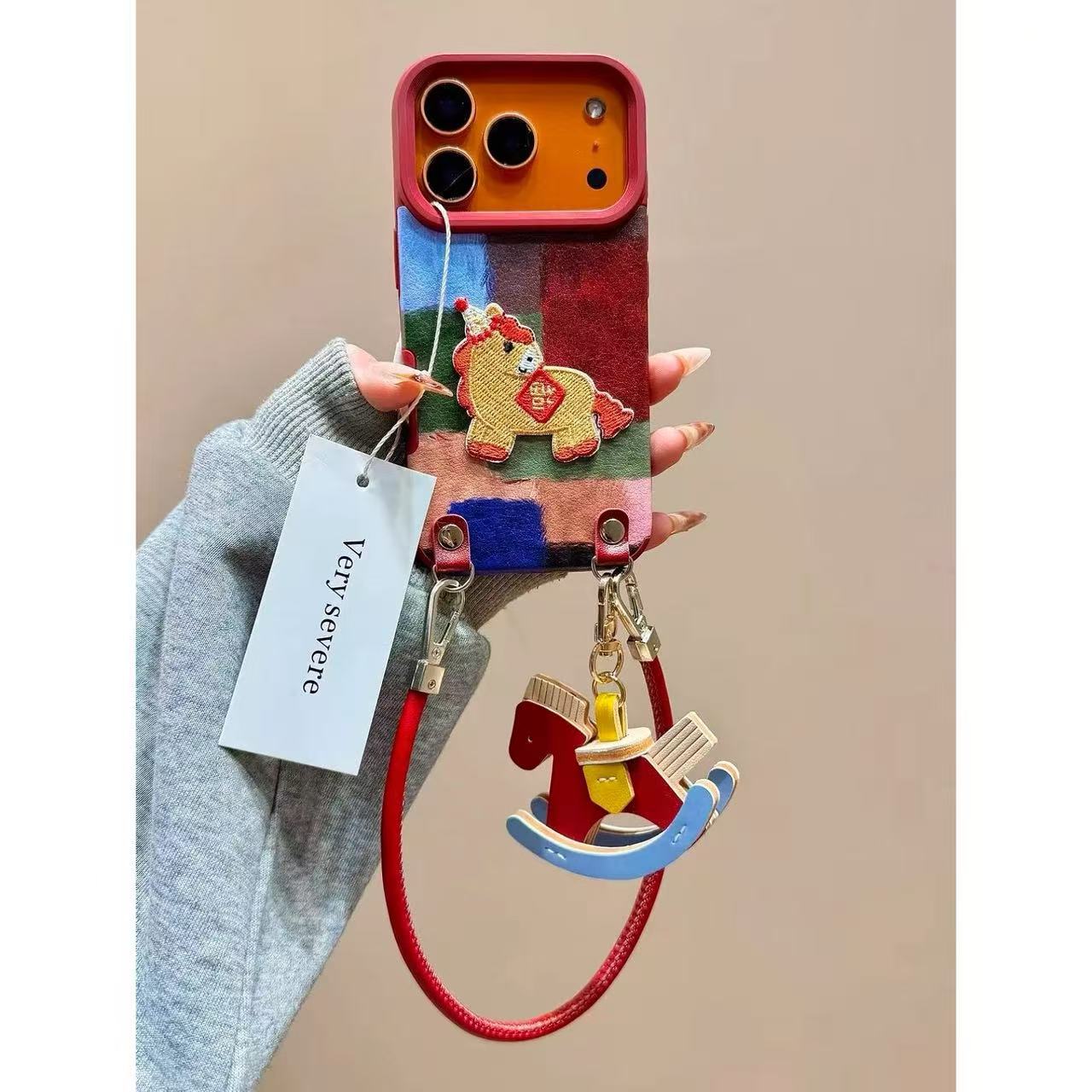 Leather color block embroidery Fu Pony pendant hand rope for iPhone iPhone case