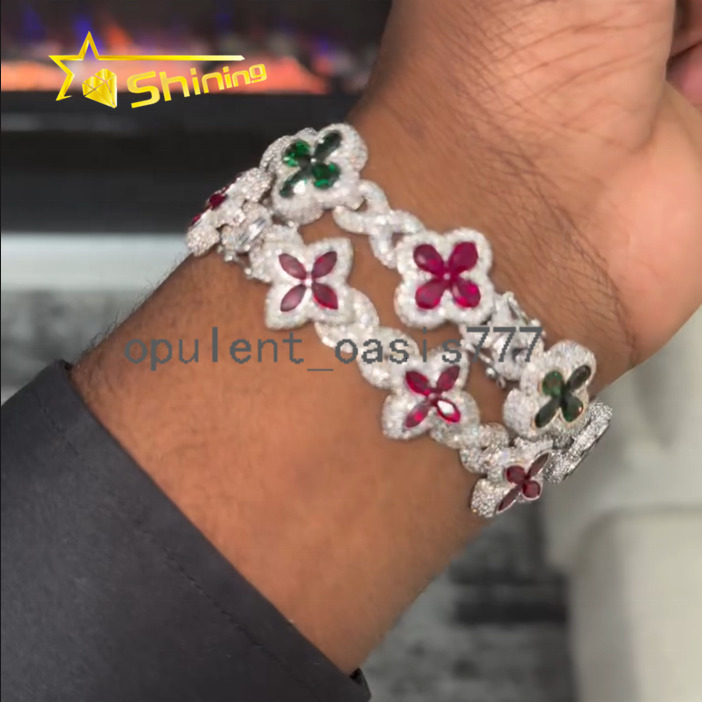 Top Quality Hip Hop Clover Color Diamond Marquise 925 Sterling Silver VVS Moissanite Bracelet