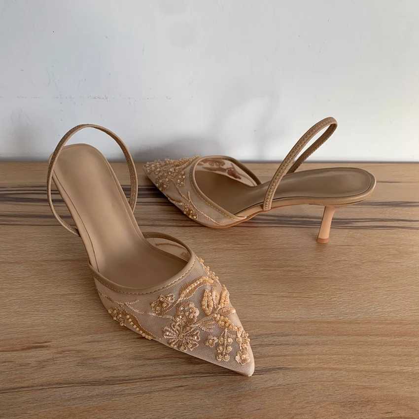 Mesh Embroidered Flowers High Heels Sandals Women 2025 Summer Sexy Slingback Pointed Toe Pumps Dress Shoes Sandalias De Mujer Z260330