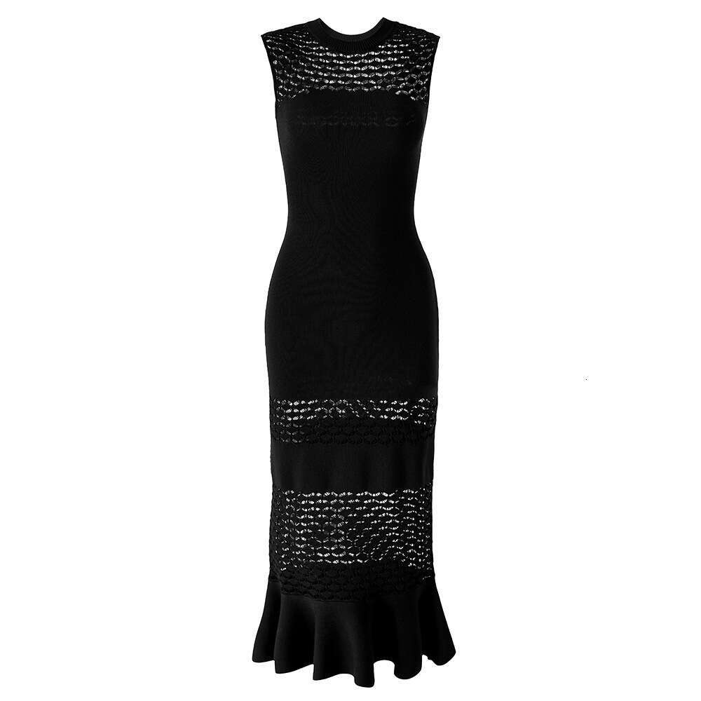 2026 Spring/Summer New q26 Designer Red Round Neck Knitted Hollow out Slimming Fishtail Dress