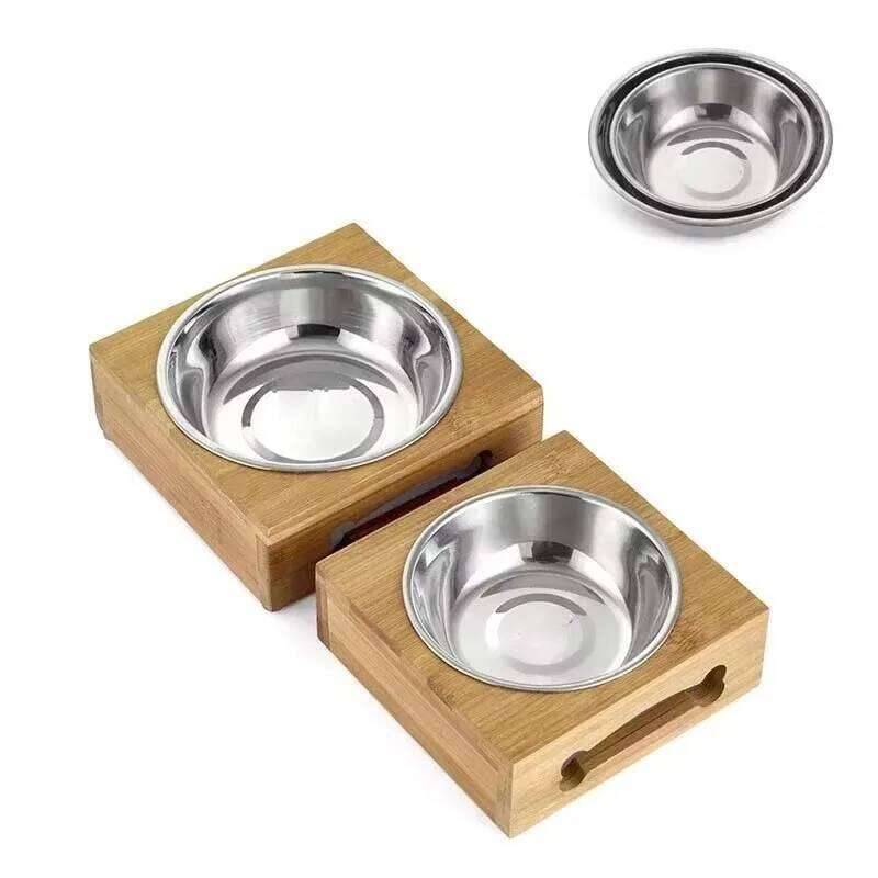 Small Food Pet Dog Cat Ceramic Bowl Bamboo Wooden Table Into A Kitten Skid Resistant Double 26W0330