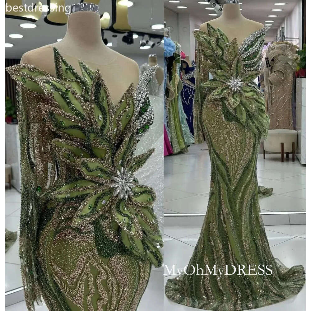 2025 Plus Size Olive Green Prom Dresses Special Occasions Florals Rhinestones Sequined Evening Party Birthday Gowns Dress For Women Vestidos De Novia 