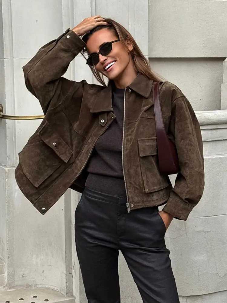 HH Women Vintage Solid Lapel Coats Long Sleeve Zipper Jacket With Pockets 2025 Autumn Fashion Lady High Street Lady OutwearT260328