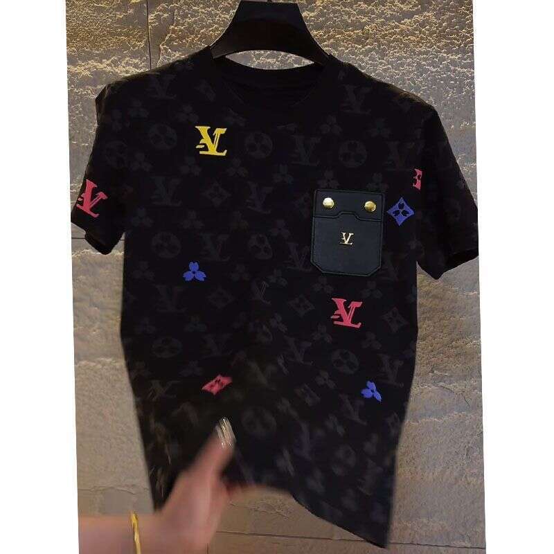 Print Design Letter Patchwork Color-Block Niche Loose Black High-End T-Shirt Short Sleeve Spring Summer Asia Size