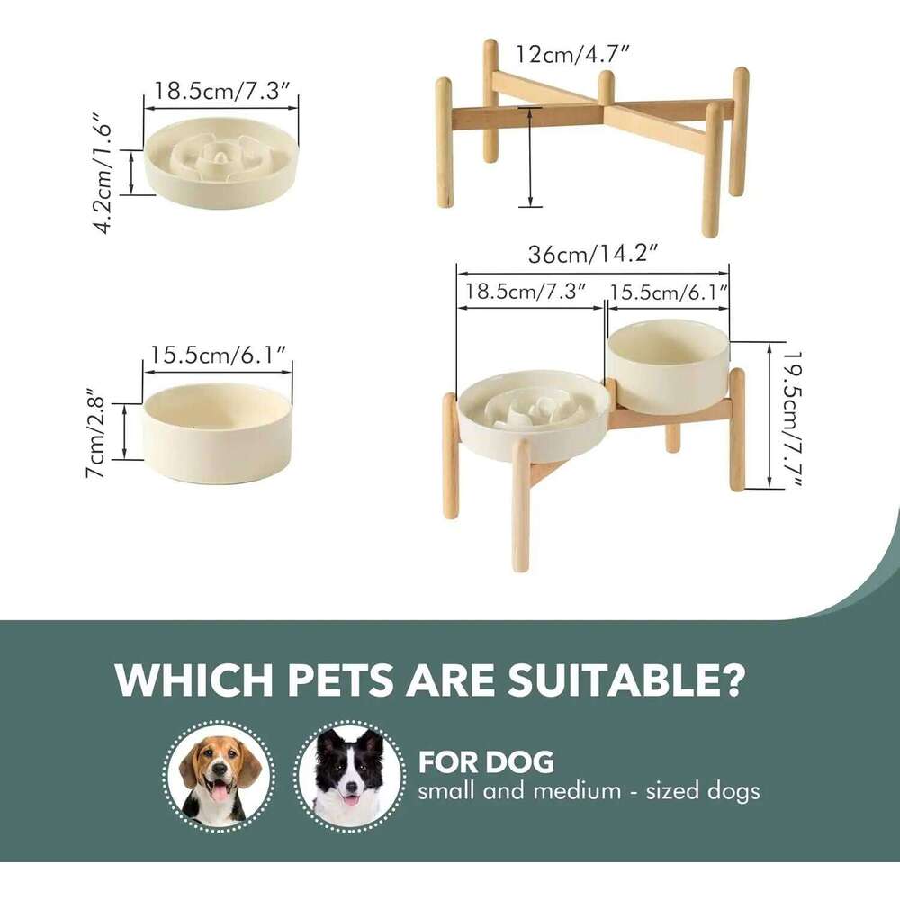Ceramic Raised Slow Feeder Dog Bowl Set with Wooden Stand for Medium and Small Dogs, Anti-Gulping Design in Beige 26W0330