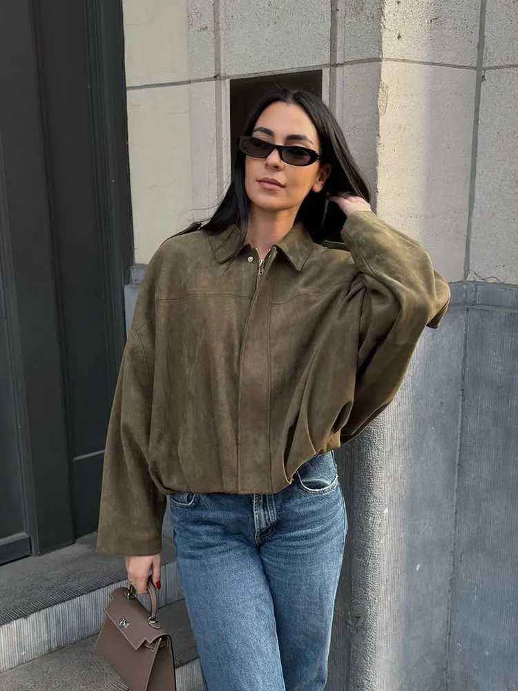 HH Womens Street Fashion Solid Loose Suede Texture Coats Causal Long Bat Sleeves Lapel Zipper Fly Winter Vintage JacketsT260328